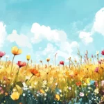 A Vibrant Field Of Wildflowers Illustrated In Pastel Watercolor Style.