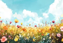 A Vibrant Field Of Wildflowers Illustrated In Pastel Watercolor Style.