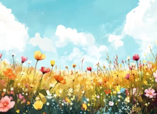A Vibrant Field Of Wildflowers Illustrated In Pastel Watercolor Style.