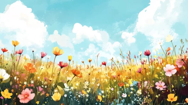 A Vibrant Field Of Wildflowers Illustrated In Pastel Watercolor Style.