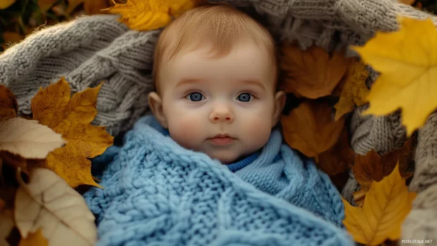 A baby boy bundled in a knitted blue blanket, surrounded by autumn leaves and a warm golden light.
