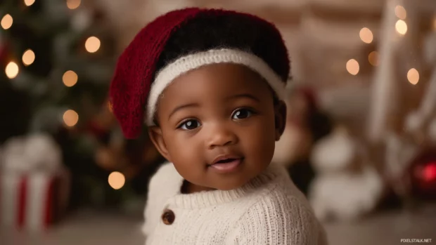 A baby boy in a festive outfit, surrounded by soft twinkling lights and holiday decorations.
