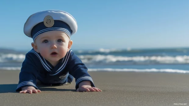 A baby boy in a sailor outfit crawling on a beach with gentle waves and a clear blue sky behind him.