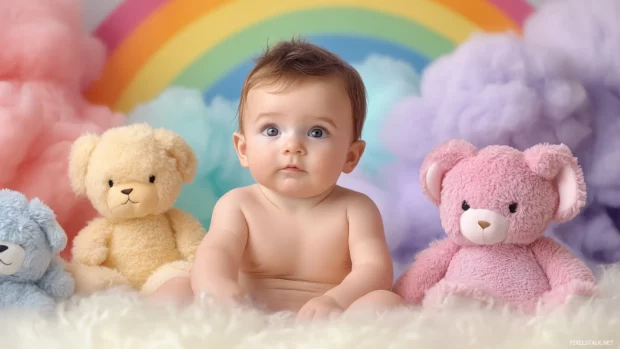 A baby boy playing with colorful stuffed animals, with a pastel rainbow and fluffy clouds in the background.