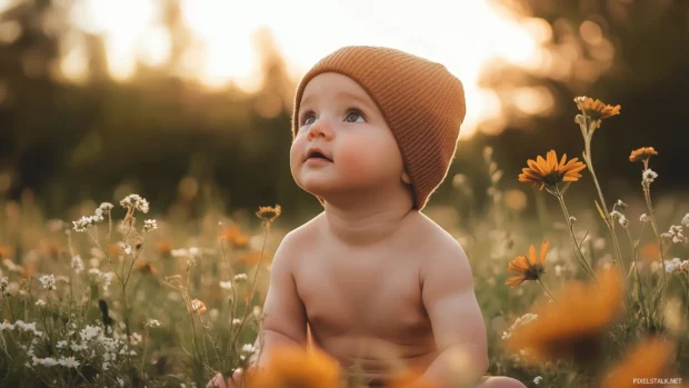 A baby boy wearing a small beanie and sitting in a field of flowers, looking up at the sky with wonder.