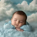 A baby boy wearing a soft blue onesie, lying on a cozy blanket with fluffy clouds in the background.