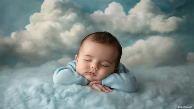 A baby boy wearing a soft blue onesie, lying on a cozy blanket with fluffy clouds in the background.
