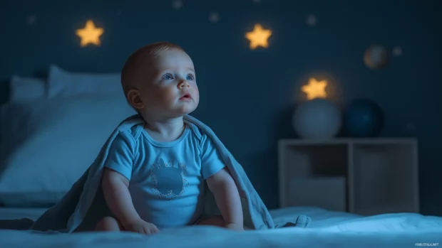 A baby boy wearing a tiny superhero cape, sitting on a bed with stars and planets in the background.