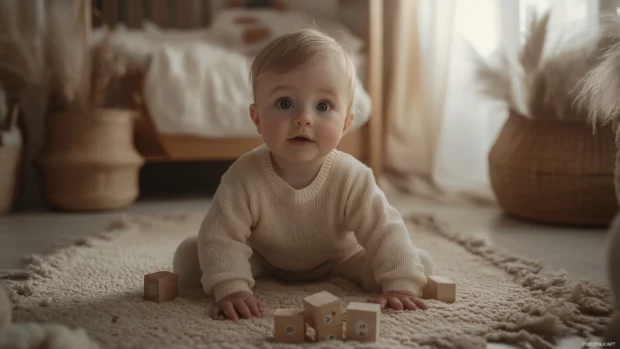 A baby boy with big, curious eyes playing with wooden blocks on a soft rug in a bright, sunny room.