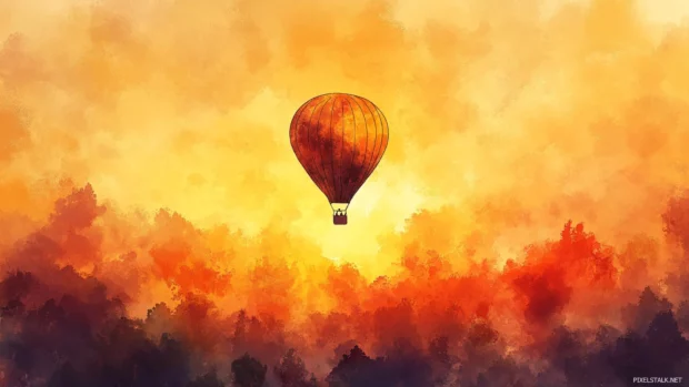 A balloon ride through thick watercolor clouds at sunrise.