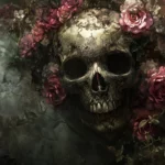 A baroque inspired skull surrounded by roses, with intricate lace patterns and a dark, faded background.