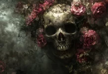 A baroque inspired skull surrounded by roses, with intricate lace patterns and a dark, faded background.