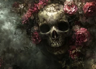 A baroque inspired skull surrounded by roses, with intricate lace patterns and a dark, faded background.