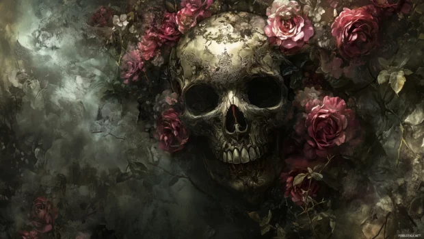 A baroque inspired skull surrounded by roses, with intricate lace patterns and a dark, faded background.