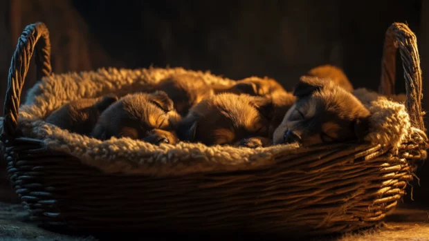 A basket full of sleeping puppies with soft fur and gentle lighting.