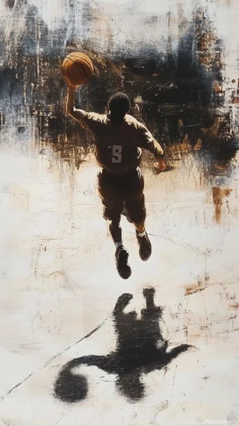 A basketball in motion casting shadow across faded concrete.