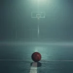 A basketball rests at the three point line as fog rolls across the court.