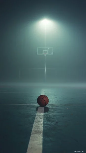 A basketball rests at the three point line as fog rolls across the court.