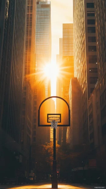 A basketball shot framed by tall city buildings in golden sunlight.