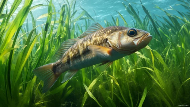 A bass fish amidst tall underwater grass, displaying its muscular build and textured scales in sharp focus.