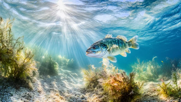 A bass fish in a crystal clear freshwater stream, swimming among underwater plants and rocks with sunlight filtering through.
