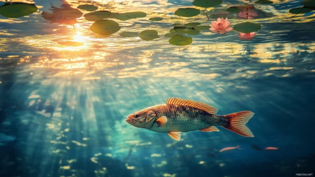 A bass fish swimming near the surface of a clear lake, with lily pads floating above and a soft, golden sunset glow reflecting in the water.