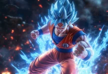 A battle ready Goku super saiyan wallpaper with his fists clenched and energy cracking beneath his feet.