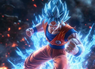 A battle ready Goku super saiyan wallpaper with his fists clenched and energy cracking beneath his feet.