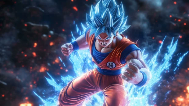 A battle ready Goku super saiyan wallpaper with his fists clenched and energy cracking beneath his feet.