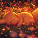 A beautifully rendered Pikachu Wallpaper 4K for PC with Pikachu curled up asleep in a field of glowing flowers.
