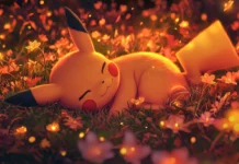 A beautifully rendered Pikachu Wallpaper 4K for PC with Pikachu curled up asleep in a field of glowing flowers.
