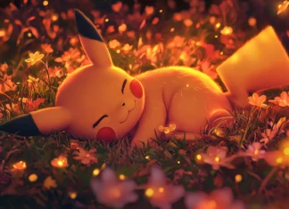 A beautifully rendered Pikachu Wallpaper 4K for PC with Pikachu curled up asleep in a field of glowing flowers.