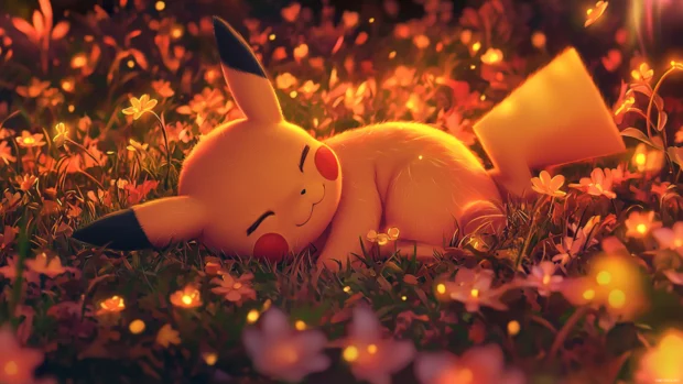A beautifully rendered Pikachu Wallpaper 4K for PC with Pikachu curled up asleep in a field of glowing flowers.