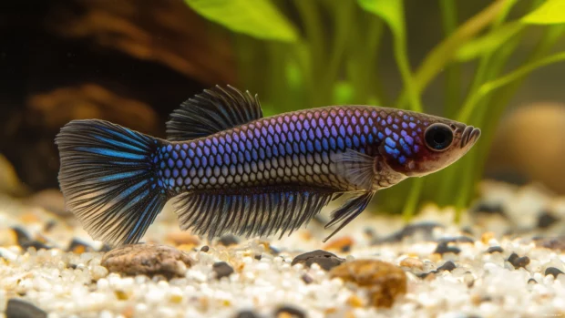A betta fish with brilliant blue and purple scales, captured in a calm moment, surrounded by soft, diffused light and delicate aquatic plants.