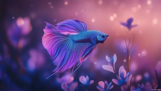 A betta fish with vibrant purple and blue hues, swimming peacefully among aquatic plants, with soft light filtering through the water.