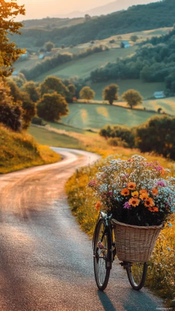 A bicycle with a flower basket rides through Summer Vibes on a countryside road.