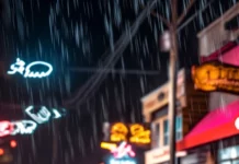 A black Lamborghini captured at night with neon reflections and water puddles.