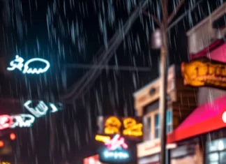 A black Lamborghini captured at night with neon reflections and water puddles.