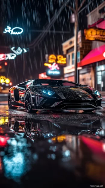 A black Lamborghini captured at night with neon reflections and water puddles.