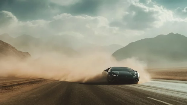 A black Lamborghini turns on a desert highway with dust clouds trailing behind.
