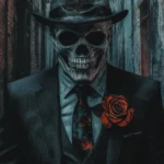 A black and white gangster skull with a slick suit and a rose in the hat, set against a dimly lit alleyway scene.
