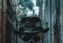 A black and white gangster skull with a slick suit and a rose in the hat, set against a dimly lit alleyway scene.