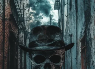 A black and white gangster skull with a slick suit and a rose in the hat, set against a dimly lit alleyway scene.