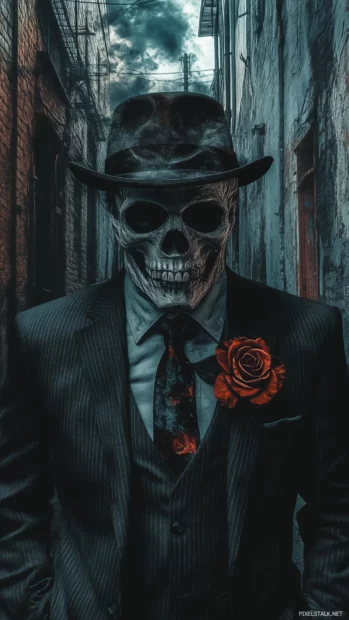 A black and white gangster skull with a slick suit and a rose in the hat, set against a dimly lit alleyway scene.