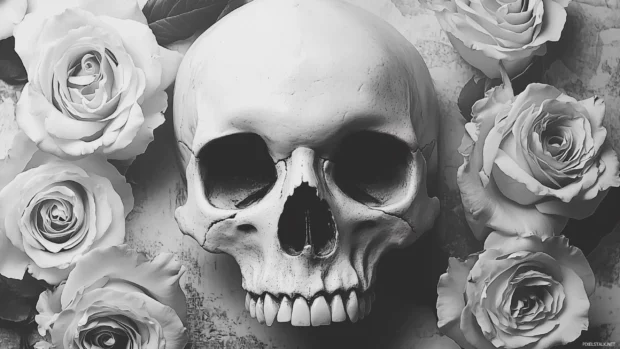 A black and white skull surrounded by delicate, detailed roses in grayscale, set against a faded vintage background.
