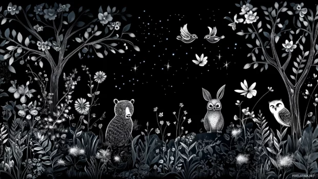 A black background with whimsical white outlines of animals like bears, owls, and rabbits, creating a cozy and imaginative nighttime forest theme.