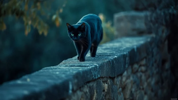 A black cat walking along a stone wall during twilight.