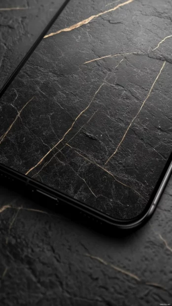 A black marble pattern lines the lock screen with natural textures and subtle glints.