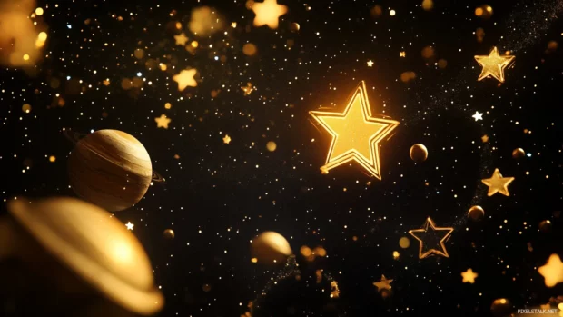 A black wallpaper decorated with cute, glowing stars, planets, and moons, creating a friendly outer space theme with a warm, magical vibe.
