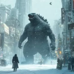A blizzard wraps around Godzilla walking through a frozen metropolis.